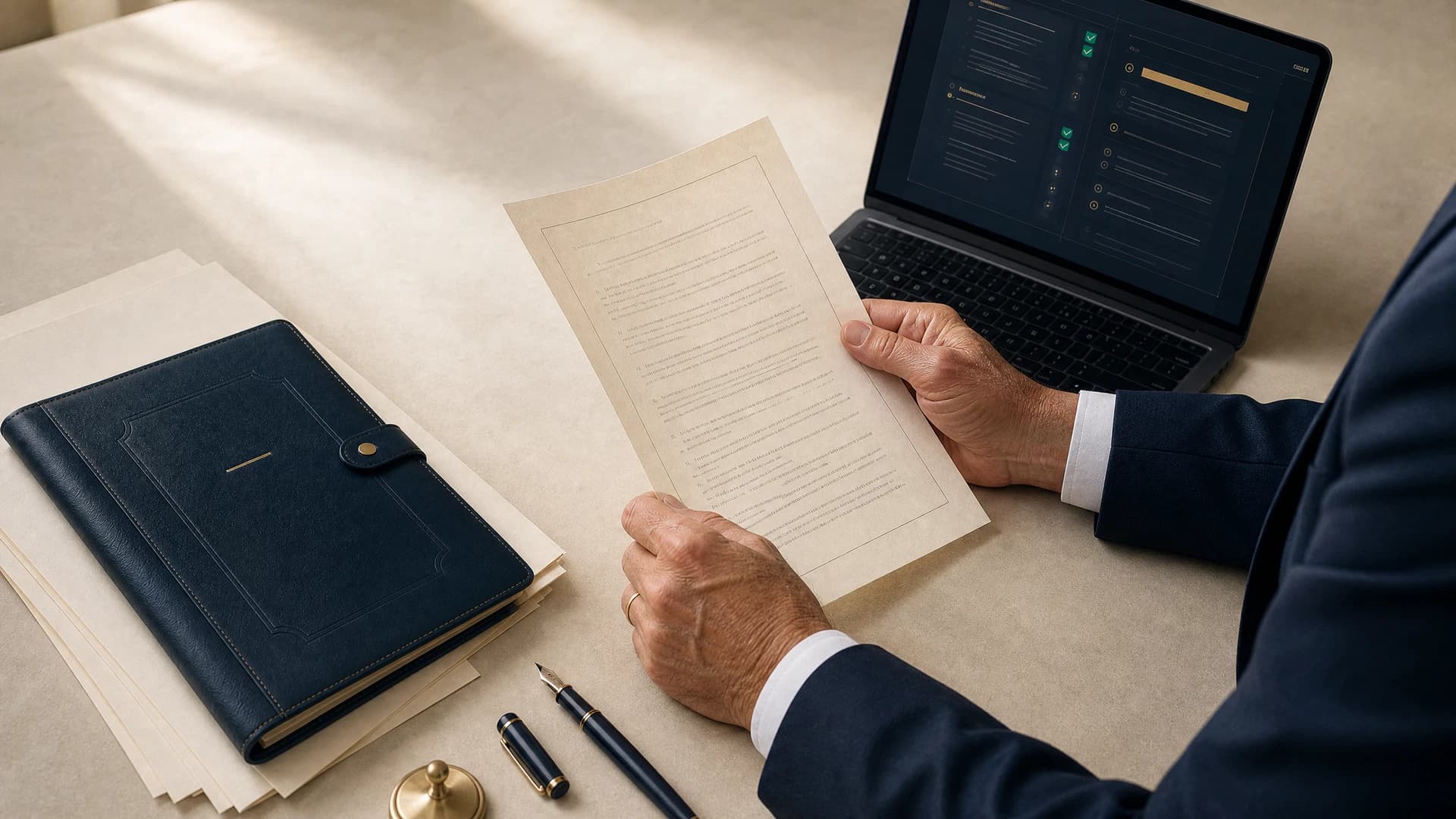 Advogado revisando uma peça jurídica ao lado do notebook